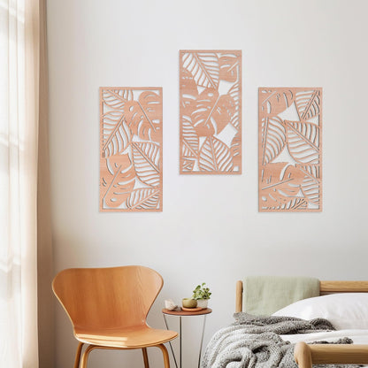 Tropical Decor 3D Wood Wall Art Set of 3, Carved Palm Tree Coastal Wall Decor, Hawaiian Wooden Wall Art for Bedroom, Bathroom, Living Room (Palm Leaf Cutout - 15.7 x 7.87 inch)