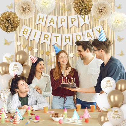 White and Gold Birthday Decorations for Women Girls, Gold White Sand Confetti Metallic Printed Balloon Butterfly Sticker Fringe Curtain Happy Birthday Banner Heart Garland Paper Pompom Party Supplies