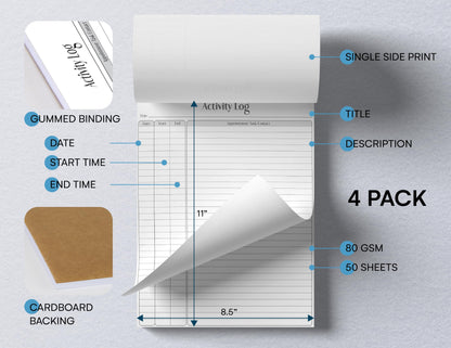 Better Office Products Activity Log Notepad, 8.5" x 11", Planning Note Pad, 50 Sheets, Daily Time Tracking Productivity Checklist Organizer,(4 Pack)