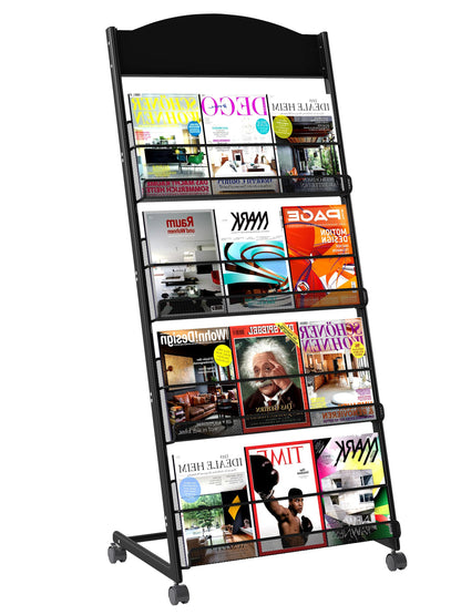 Qriocioa Brochure Display Stand 4 Layer Floor-Standing Magazine Rack Literature Newspaper Catalog Display Holder with Wheels and Top Billboard for Exhibitions,School, Hotel, Hospitals, Offices (Black)