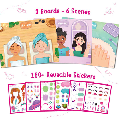 Imagimake Reusable Sticker Fun – Hair & Makeup Kit |Reusable Glam Stickers for Kids | 6 Styling Scene Boards | Pretend Play | Kids Games 3-5 | Toddler Girl Toys | 3,4,5,6,7 Year Old Girl Birthday Gift