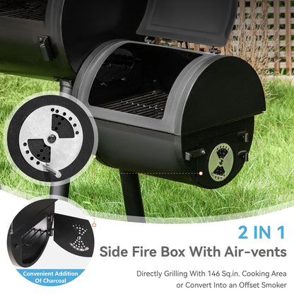 GREEN PARTY Offset Smoker Charcoal Grills with 28 Inch Cook Chamber, Barrel Smoker and Charcoal Grill Combo, 512 Sq. In. Space Barrel Smoker Grill for Outdoor BBQ Patio Backyard Cooking