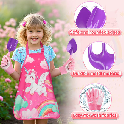 Kids Gardening Tool Set - Garden Tools for Kids with Shovel Trowel Rake Apron Gloves Watering Can and Tote Bag, Outdoor Toys Great Gifts for 3 4 5 6 7 8+ Years Old Girls (Unicorn Style)