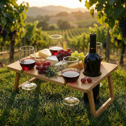 Peohud Portable Wine Picnic Table, Foldable Champagne Picnic Snack Table Tray, Wooden Outdoor Picnic Table with Glass Holder for Park, Beach, Camping, Bed, Wine Lover Gift
