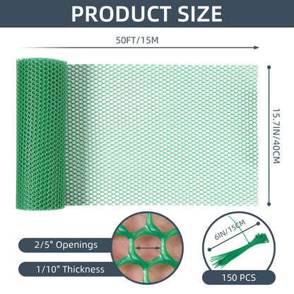 Plastic Wire Mesh Fence, 1.3ft x 50ft /15.7in x 600in Plastic Chicken Wire Fence Mesh Versatile Plastic Fencing Wire Netting Poultry Animal Barrier Fence with 150 Zip Ties for Garden & Farm, Green