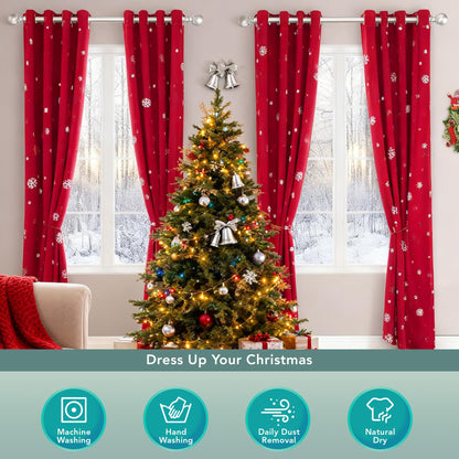 LORDTEX Snowflake Foil Print Christmas Curtains for Living Room and Bedroom - Thermal Insulated Blackout Curtains, Noise Reducing Window Drapes, 52 x 84 Inches Long, Red, Set of 2 Curtain Panels