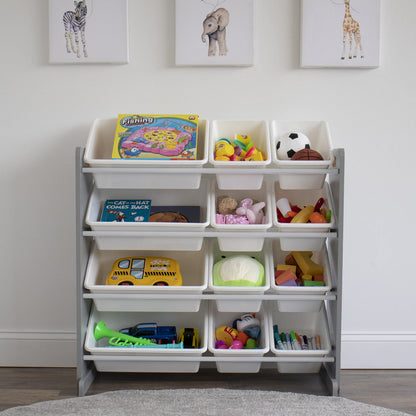 Humble Crew Toy Storage Organizer with 12 Removable Storage Bins for Kids Playroom, 4-Tier Toddler Toy Organization, Grey/White