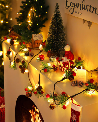 Christmas Garland with Lights,7FT Pinecones Christmas String Lights with Red Berries,Needles,20Led C6 Christmas Lights Battery Operated Prelit Garland for Xmas Decorations Indoor Outdoor