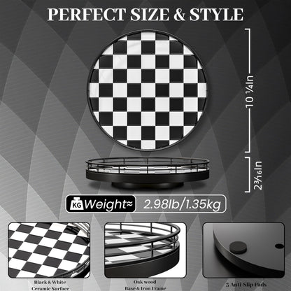 10.2-Inch Black & White Checkerboard Lazy Susan Organizer – Rotating Serving Tray with Oak Base, Iron Frame, & Ceramic Tile –Perfect for Dining Table, Kitchen Cabinet, Bathroom Countertop, Home Décor