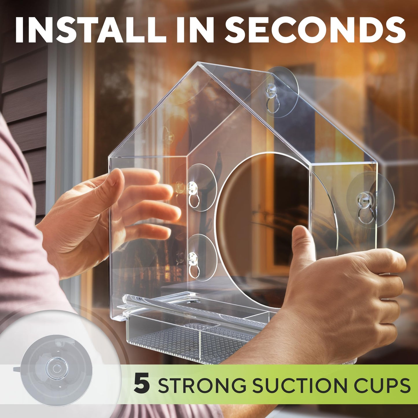 Premium Window Bird Feeder for Outside - Clear Bird House w/Largest Window for Viewing Birds - Easy to Install & Sturdy Feeder w/Extra Strong Suction Cups - Perfect for Kids, Adults and Cats