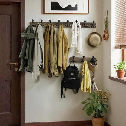 WEBI Coat Rack Wall Mount,17" Solid Wood Coat Hooks Wall Mounted Coat Hanger,16" Hole to Hole,Heavy Duty Hook Rack Rail,3 Triple Hooks for Hanging Coats,Jacket,Clothes,Hat,Backpack,Weathered Brown