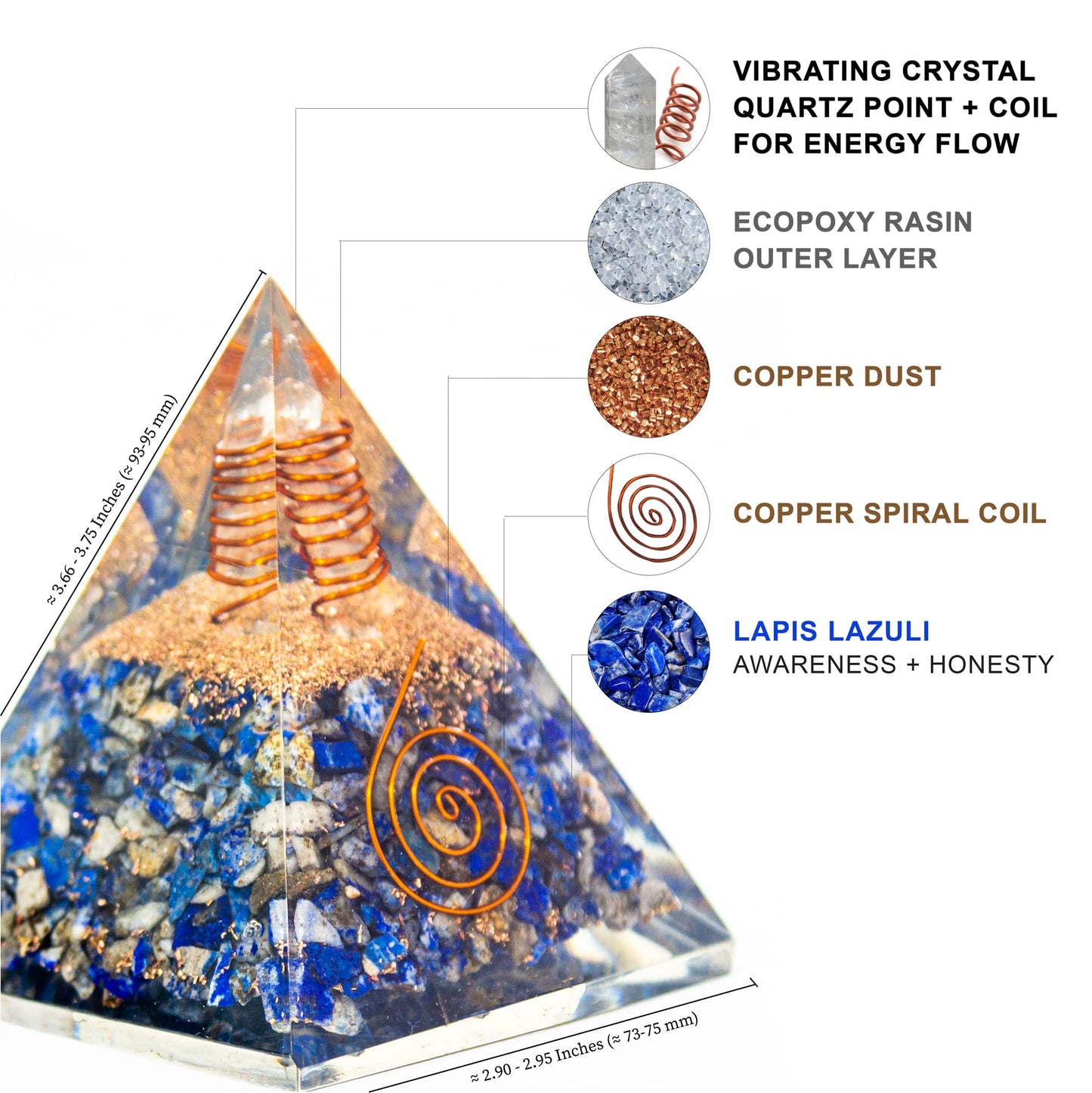 Lapis Lazuli Orgone Pyramid for Wisdom, Harmony, Honest & Self-Awareness | Orgonite pyramids with Copper Coil and Crystal Quartz for Chakra Protection