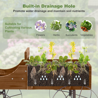 HAPPYGRILL Wooden Wagon Planter, 24.5” x 13.5” x 24” Decorative Garden Planter w/ 2 Planting Sections, Wheels, Handle, Small Decorated Cart, Flower Planter Box for Indoor Outdoor Patio (Brown)