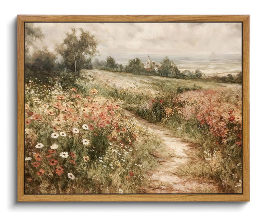 OIQArtOIQ Framed Canvas Wall Art,Vintage Decor,Landscape Nature Country Wildflower Paintings Farmhouse Pictures Modern Artwork Rustic Fall Flower Prints Cottagecore Office Living Room Bedroom Bathroom