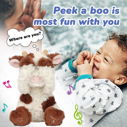 Hopearl Peek A Boo Cow Interactive Repeats What You Say Plush Diary Cattle Toy Musical Singing Talking Stuffed Animal Adorable Electric Animate Gift for Toddlers, Brown, 11''