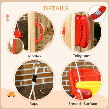 Outsunny Swing Set for Backyard, Wooden Toddler Outdoor Playset with Baby Swing Seat, Kids Slide, Fort, Playground Equipment with Captain's Wheel, Telescope for Ages 1.5-4, Red