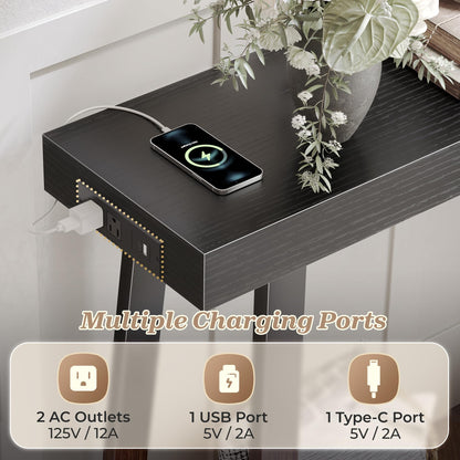Huuger Entryway Console Table with Charging Station, USB-C Port, 47.2 Inch Sofa Table with Metal Legs, Entry Hallway Table with Thicker Desktop, Modern Behind Couch Table, Black