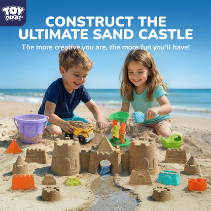 TOY Life 23 Pcs Beach Toys for Kids Sand Toys with Construction Cars Castle Bucket Shovels & Sand Castle Building Kit Molds, Sandbox Toy for Summer Water Play, Travel, Fishing