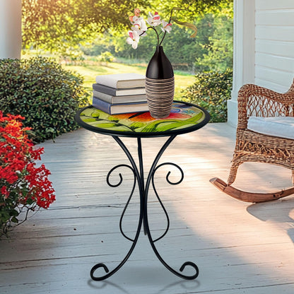 HONGLAND Outdoor Side Table, Small Outdoor Table, 12" Round Patio Side Table End Table, Glass Plant Stand, Small Bistro Coffee Table for Garden Patio Porch Living Room (Butterfly)