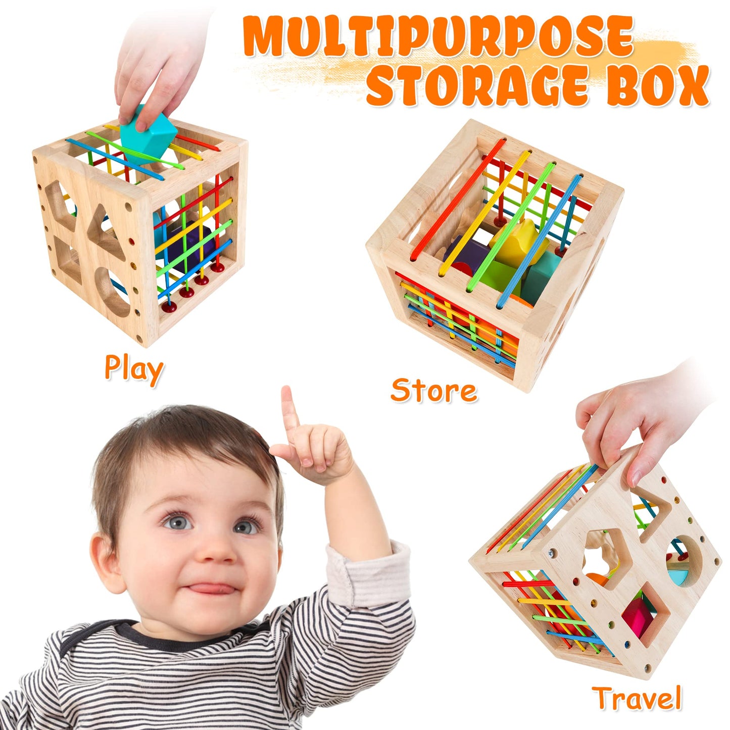 HELLOWOOD Montessori Toys for 1+ Year Old, Wooden Sorter Cube with 8pcs Rattling Shapes, Developmental Learning Toy Gifts for Baby Toddler Boys Girls, Gift Packaging