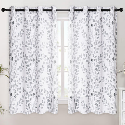MYSKY HOME Bedroom Curtains 2 Panel Sets Thermal Insulated Curtains for Small Window Leaf Print Classical Room Darkening Drapes for Living Room, 52W x 63L Inch, Grey
