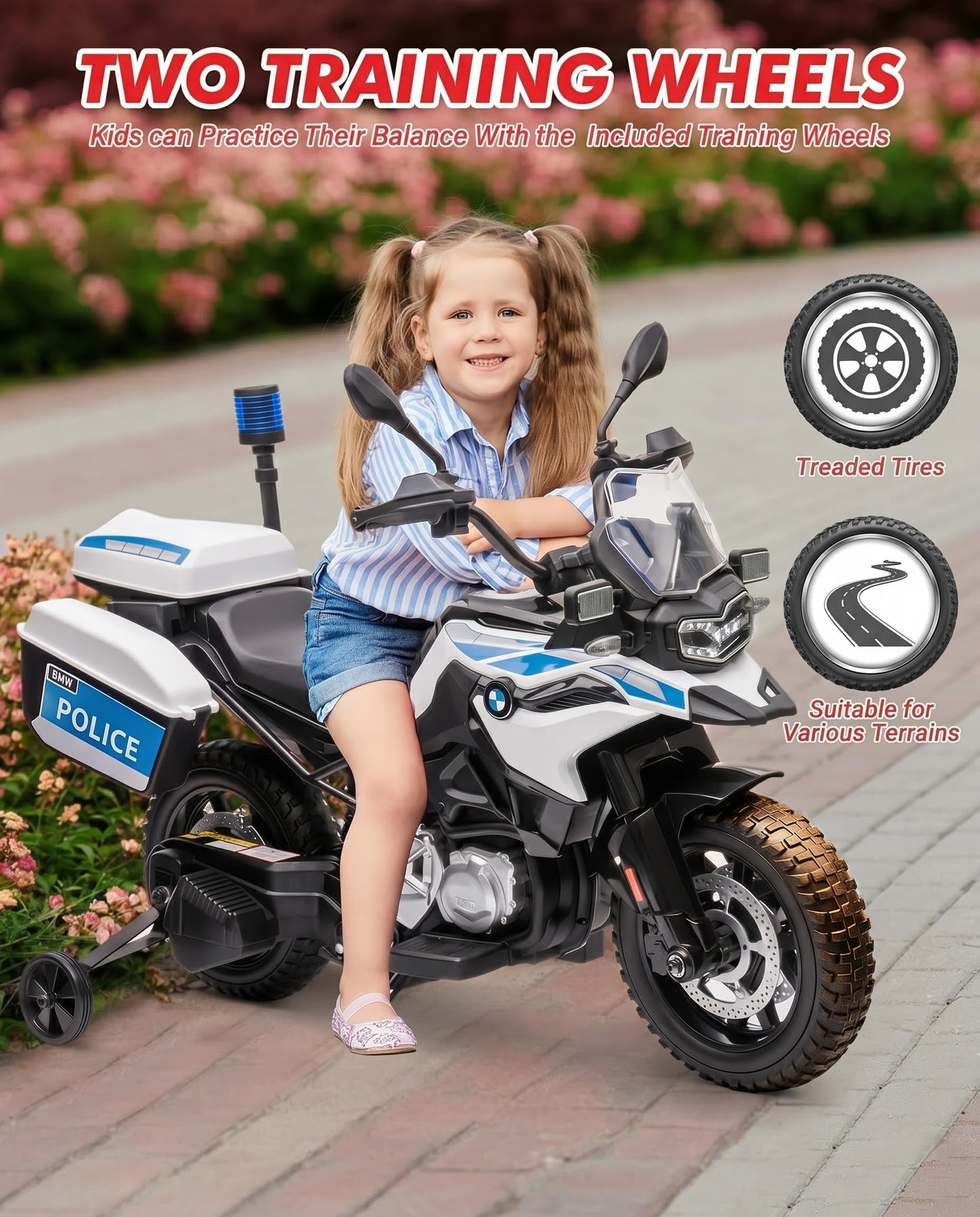 GARVEE Licensed BMW Police Motorcycle for Kids, 12V Electric Ride On Toy for Boys Girls Age 3-8, Battery Powered Motorbike w/LED Siren Lights, Music, 3 Speeds, Safety Training Wheels