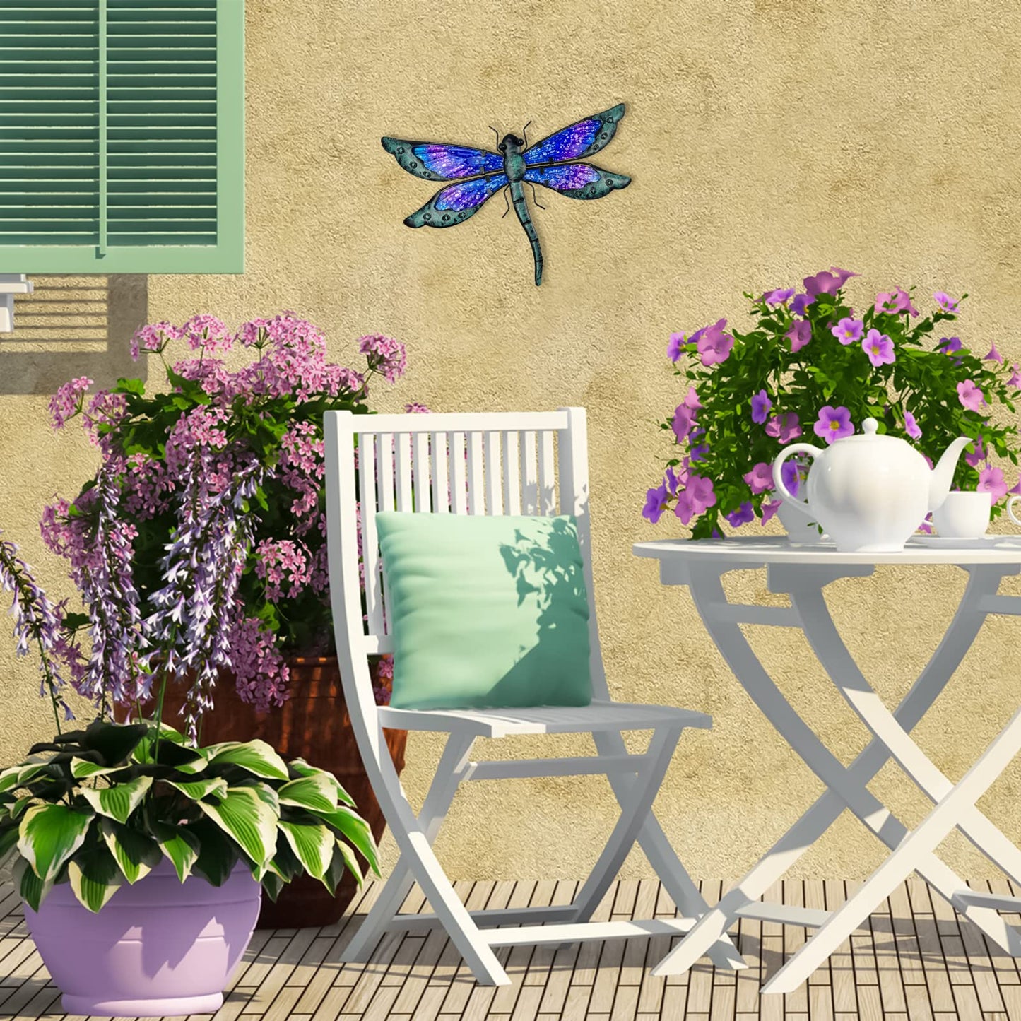 HONGLAND Metal Dragonfly Decor, Dragonfly Outdoor Wall Decor, Metal Wall Art, Wall Sculptures Gifts Hanging Decorations for Garden Yard Home-Blue 14 Inch