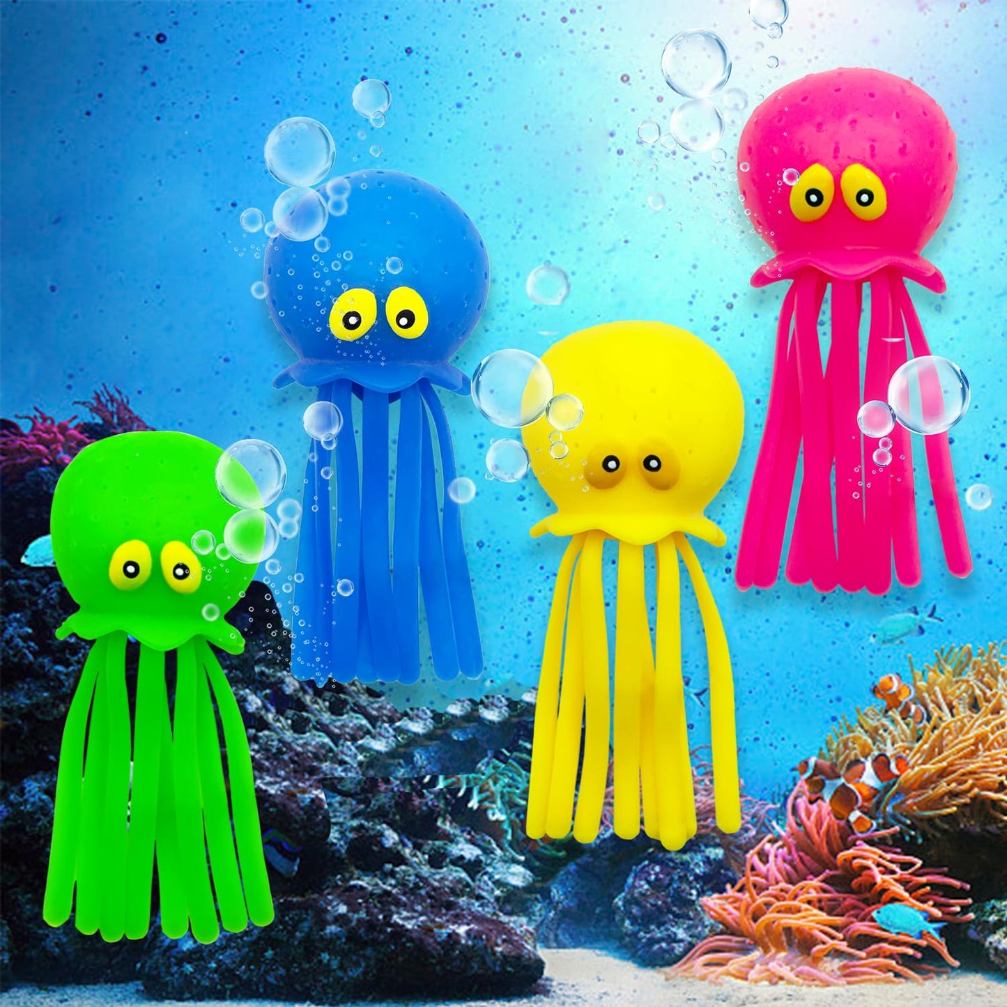 Octopus Water Balls, Pack of 4 Pool Floating Toys Baby Bath Toys Squishy Sensory Stress Relief Toys, Cute Goodie Bag Fillers for for Kids Boys and Girls, Pink, Blue, Green and Yellow