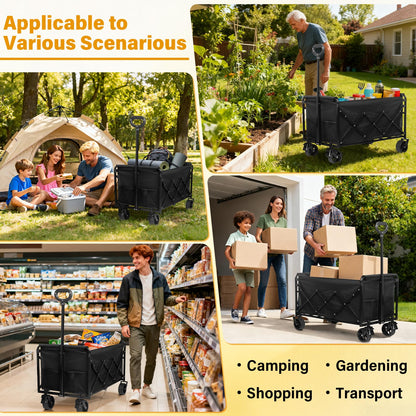 Yollber Wagons Carts Foldable,Large Capacity Foldable Wagon Cart Collapsible Wagon with Wheels & Drink Holders,Heavy Duty Utility Folding Cart for Camping Garden Grocery Shopping