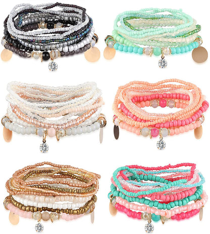 MILACOLATO 6Sets Boho Bead Bracelets Set Multilayered Stackable Bracelets Comfortable Stretch Bracelets Multicolor Bohemian Charm Bracelets for Women Men