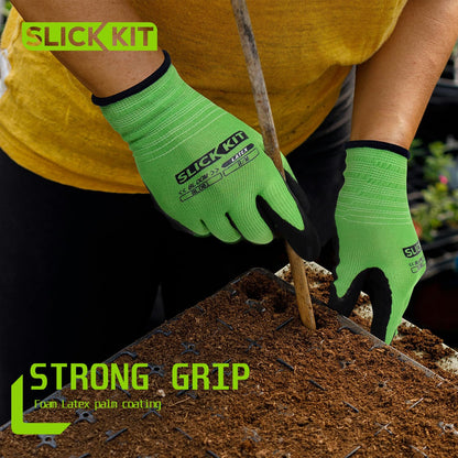 SLICK KIT 6 Pairs Gardening Gloves for Women & Men, Water & Soil Resistant Natural Rubber Grip, Breathable Liner – Green Garden Gloves for Yard Work, White for DIY Household, Medium