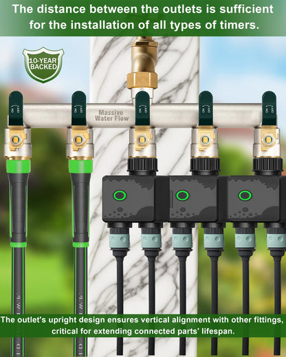 5 Way Hose Splitter, Heavy Duty Full Flow Garden Hose Splitter with 4 Large Metal Handles, Brass Water Hose Bib Splitter, T Adapter Connector with 3/4 - Inch GHT Thread (Green)