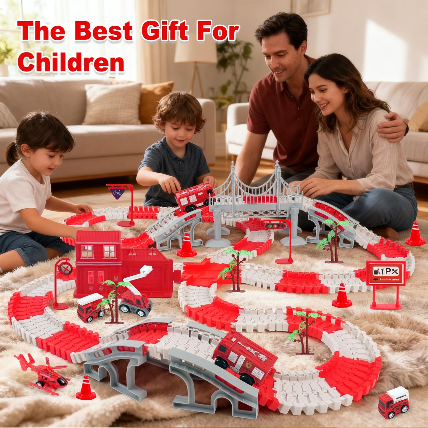 BEMITON Race Track Playset for Kids - Flexible DIY Car Track Toy, Educational Birthday Gift for Boys Ages 3 4 5 6 7, 330+ PCS Building Kit with Fire Trucks