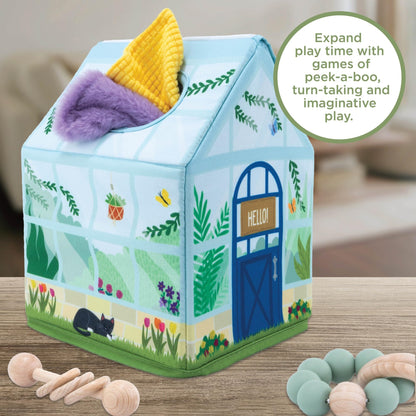 MindWare Sensory Sprouts Tissue Scarf - Montessori Toys for Babies 6-12 Months - Soft Greenhouse-Shaped Tissue Box and 12 Sensory Scarves Featuring Different Textures