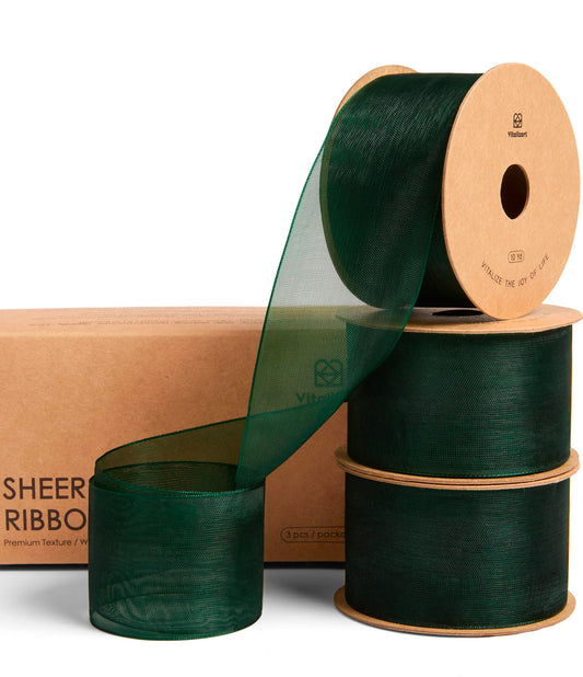 Vitalizart Green Organza Ribbon 1.5" x 30 Yd Sheer Ribbons Dark Green for Christmas Decor Gift Wrapping Crafts Bows Wedding Invitations Wreaths Bouquet