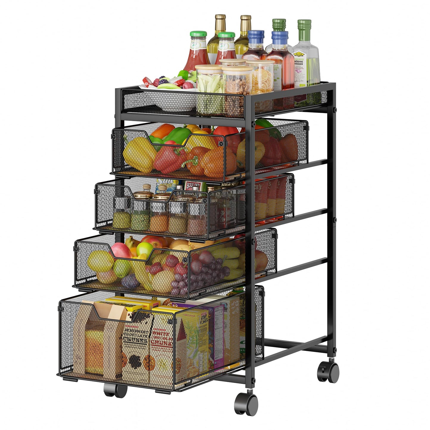keomaisyto 5-Tier Kitchen Storage Cart with Top Basket & Drawers, Fruit and Vegetable Storage Rack on Lockable Wheels, Metal Kitchen Organization for Snacks, Potatoes, Onions, Cans & Craft Supplies