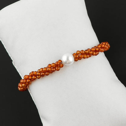 CRYSTALIS Natural Hessonite Garnet Beads Twisted Rope Bracelet with Elegant Pearl, High Grade Gemstones, Chakra Healing Stones, Gift Giving Womens Jewelry, 925 Sterling Silver Bracelet 8 inch