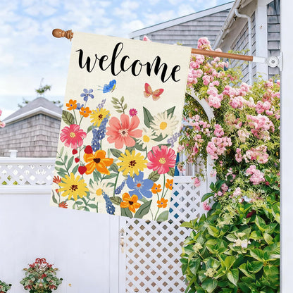Baccessor Spring Summer Welcome House Flag Double Sided 28x40 Inch Burlap,Floral Butterflies Large Garden Flag Porch Patio Front Entry Yard Seasonal Farmhouse Outside Outdoor Decor