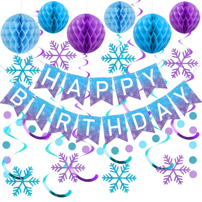 meowtastic Frozen Birthday Party Decorations - Happy Birthday Banner with Honeycomb Balls, Snowflake Hanging Swirls Streamers, Circle Dots Garland Decorations - Party Decor for Boys Girls (Frozen)
