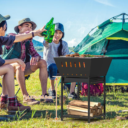 YBING Wood Burning Fire Pit for Outside - 24 Inch Outdoor Fire Pit with Grill, 2-in-1 Square Firepit with Ash Tray and Wood Storage for Camping, Backyard, Patio, Black