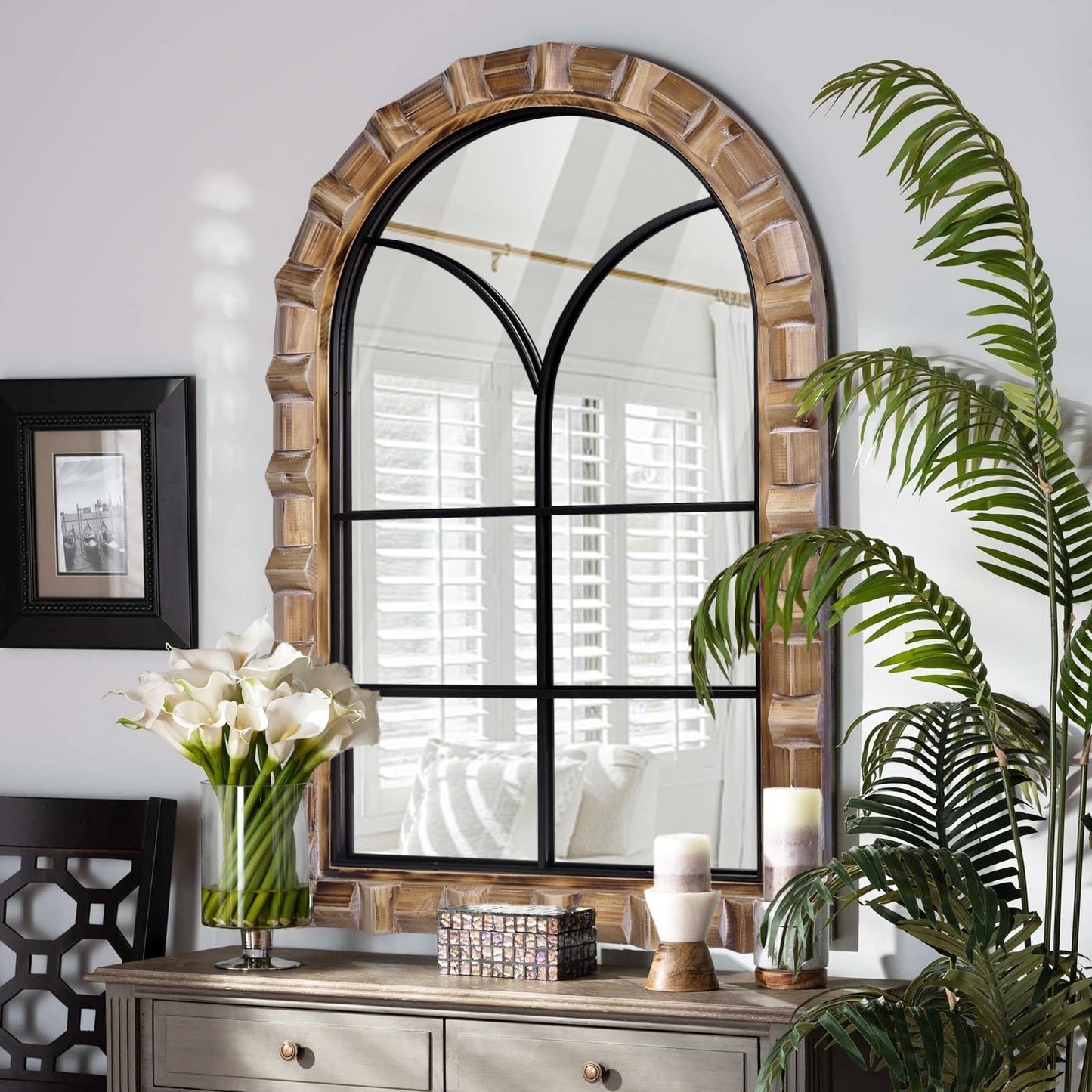 XGGJWW 36x24 Inch Arched Window Pane Wall Mirror - Rustic Farmhouse Solid Wood Decorative Mirror for for Living Room, Bedroom, Entryway & Bathroom