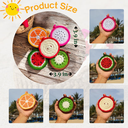 Handmade Yarn Coasters with Storage Basket, 5-Pack Soft Crochet Drink Coasters, Washable Durable Cup Coasters, for Mom, Coffee Lovers (Fruit)