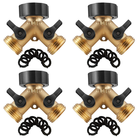 IPOW Brass Heavy Duty 2 Way Y Valve Garden Hose Splitter Adapter High Flow Spigot Splitter + 6 Rubber Hose Washers with Comfort Grip Use
