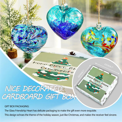 Set of 3 Handmade Glass Heart Ornaments 3.9 Inch Blue Friendship Heart Decor for Garden Home Centerpiece Gifts for Women