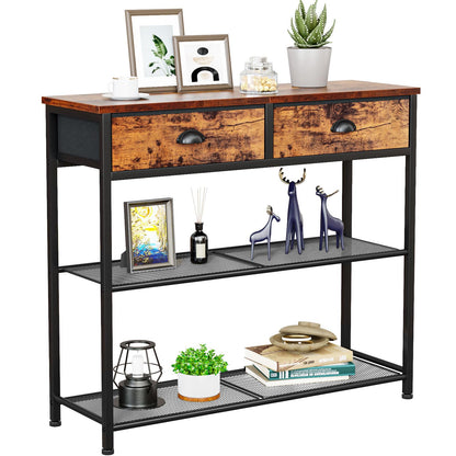Furologee Console Sofa Table with Storage Shelf for Entry Way, Small 30'' Entryway Table with 2 Fabric Drawers, Industrial Display Shelves for Hallway, Entrance, Foyer, Rustic Brown