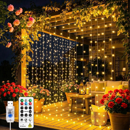 SINAMER Curtain Light for Bedroom, 200LED 6.6x6.6ft Warm White Window Wall Hanging Fairy Curtain String Light, 8 Modes Remote Fairy String Lights Indoor for Wedding Party Home Garden Decorations