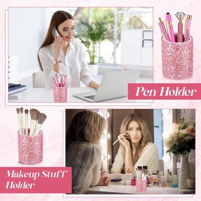 Sabary 8 Pcs Shiny Pink Pens with Pen Holder for Desk Glitter Crystal Diamond Cute Ballpoint Fancy Pencil Holder Bling Desk Organizer for Women Girls School Office Supplies Wedding Graduation Gifts