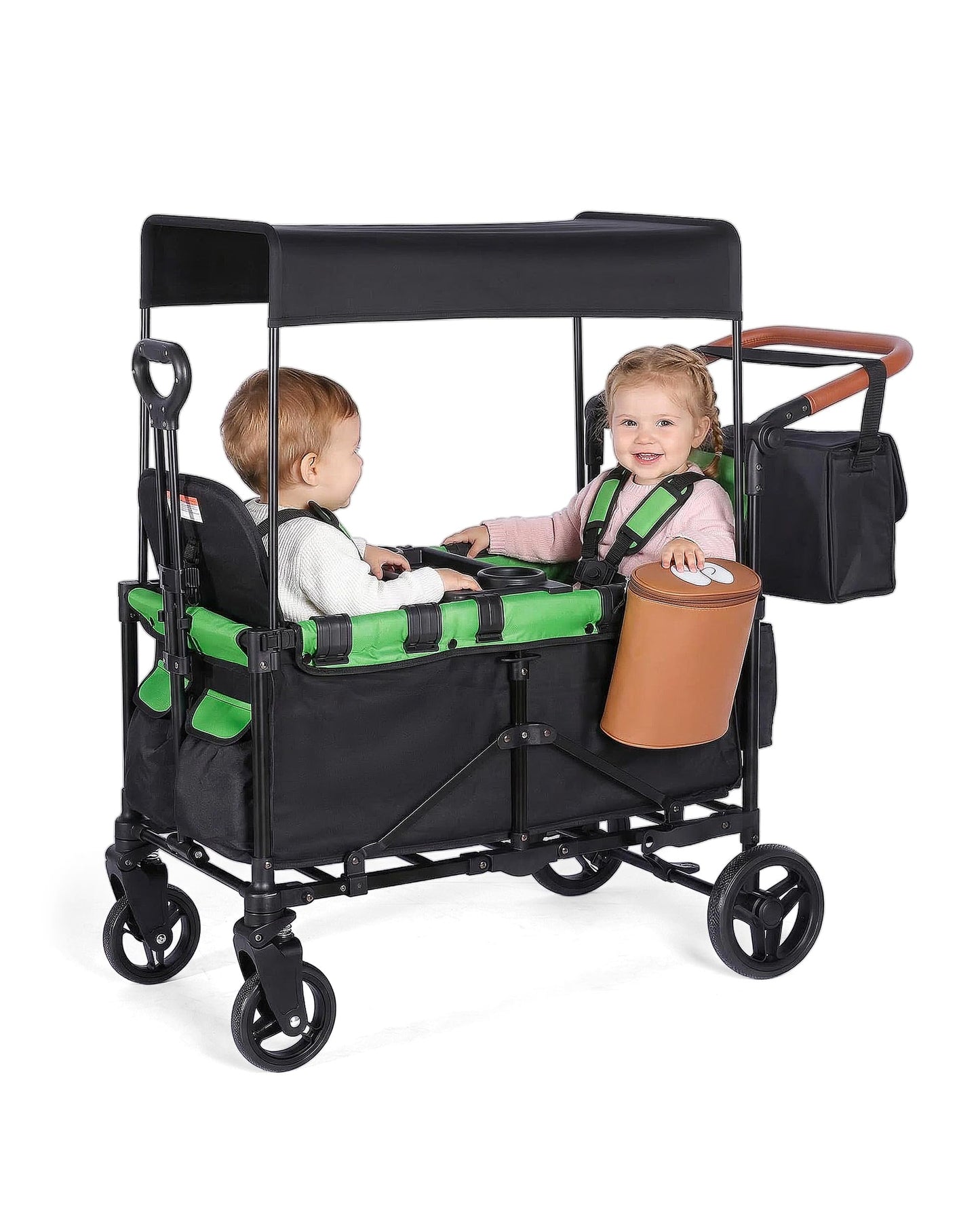 2-in-1 Wagon Stroller for Two Kids – Foldable Push & Pull All‑Terrain Wagon with Canopy, 5‑Point Harnesses,Removable Snack Tray,Storage Bag, Lightweight, Compact Trunk-Friendly Fold – Green