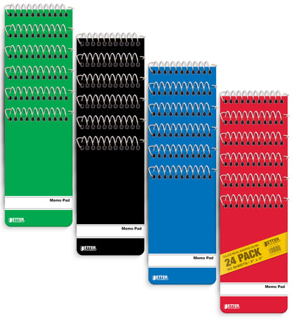 Spiral Memo Pads, 24 Pack, 3 x 5 inches, 60 Sheets, College Rule, by Better Office Products, Assorted Solid Colors, 24 Pack