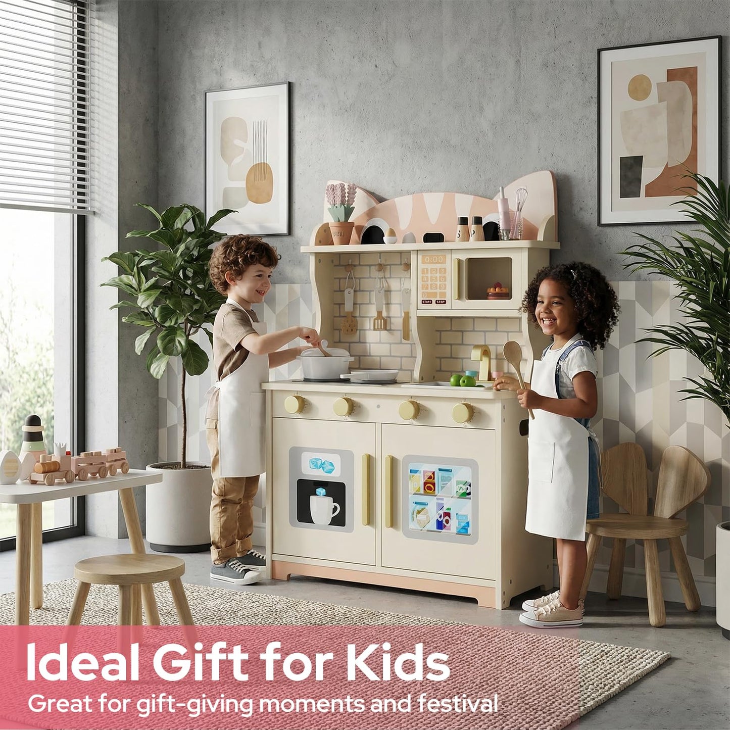 Wooden Play Kitchen for Ages 3-8 Babies, Cat Design Kitchen Playset with Microwave, Stove, Sink, Clicking Knobs, Kids Children Pretend Toy for Boys Girls, White